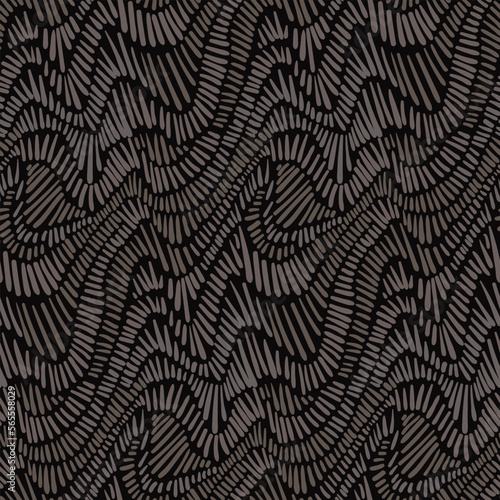 Seamless pattern, abstract stroked texture on a dark background. Hand drawn pattern with hatched waves, imitation of embroidery in dark gray colors on a black surface. Vector illustration.