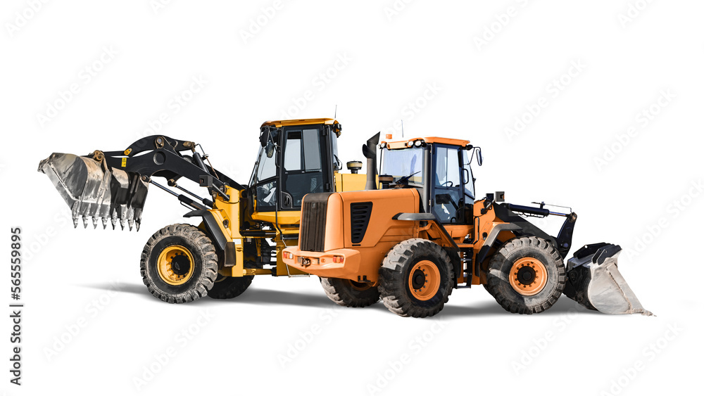 Two heavy front loaders or bulldozers on a white isolated background. Construction equipment and transport. Transportation and movement of bulk materials. Excavation. Element for design. Two heavy front loaders or bulldozers on a white isolated background. Construction equipment and transport. Transportation and movement of bulk materials. Excavation. Element for design.