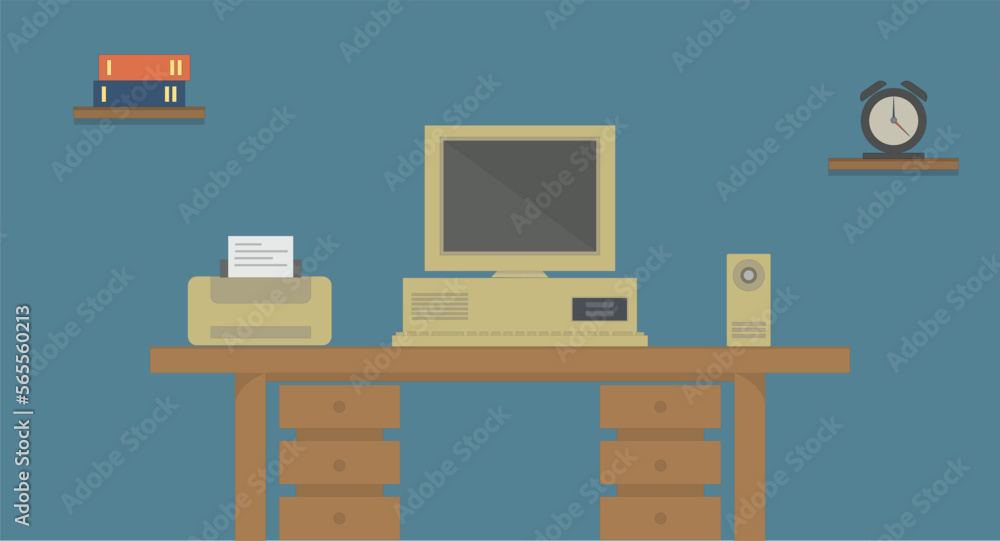retro office desk with old computer printer and speaker retro office desk with old computer printer and speaker