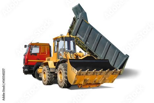 Mining dump truck and bulldozer loader close-up on a white isolated background.Construction equipment for earthworks. element for design.