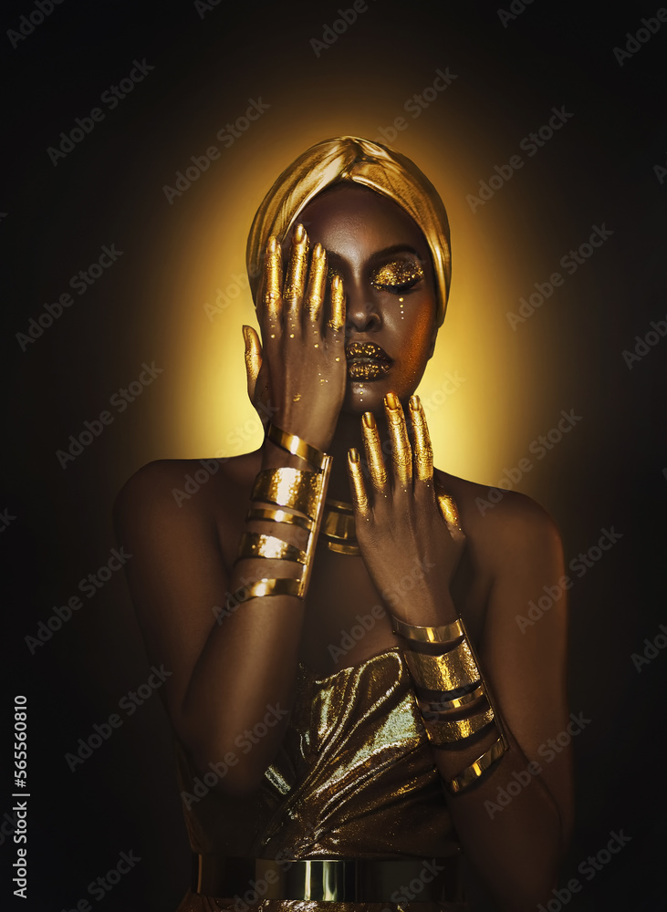 Artwork Portrait closeup Beauty fantasy african woman sexy face in gold