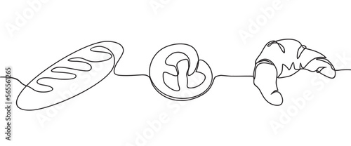Simple black line sketch of French baguette, Bun, croissant. Bakery and cafe concept good for logo. One continuous line drawing of long loaf bread. Baking one line. Vector line illustration