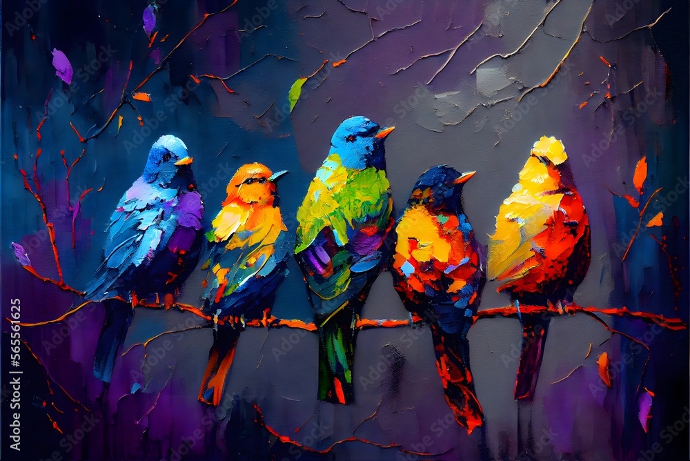 Colorful, Lovebird, love, birds, parrot, exotic, tropical, animal, beak, feather, rainbow, red, green, yellow, blue, palette, knife, oil, painting, decoration, illustration, artwork, generative, AI