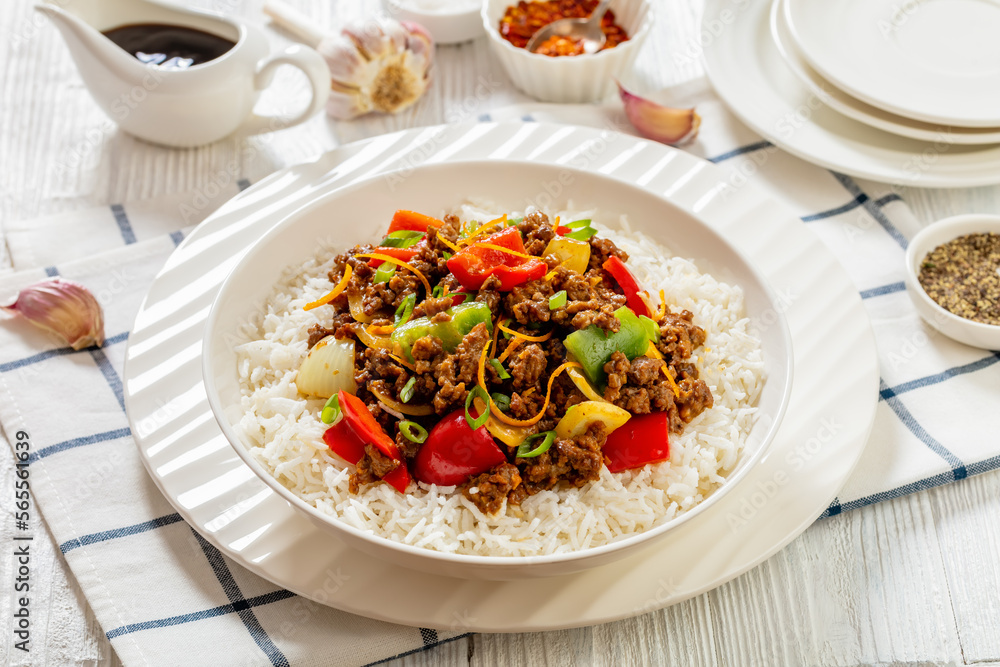 crispy ground beef with stir-fried veggies in bowl crispy ground beef with stir-fried veggies in bowl