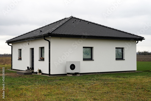 Obraz na płótnie Heat pump outdoor unit in modern new house of future using green electric energy, efficient heat pump save money w salonie