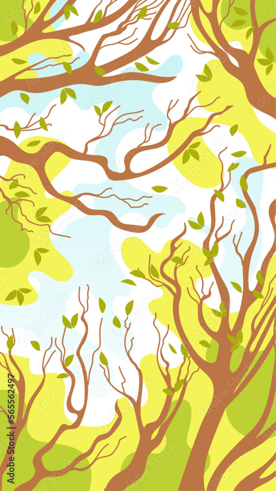 Naklejka premium Spring landscape. Tree crowns with young foliage, blue sky, white clouds. Vector illustration for stories, posters, postcards, banners, design elements, printing on fabric
