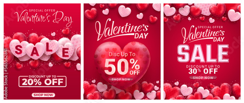 Sale special offer Happy Valentines Day greeting Background, set of abstract backgrounds with love and pattern pink color for banner, poster, cover design templates, social media feed wallpaper storie