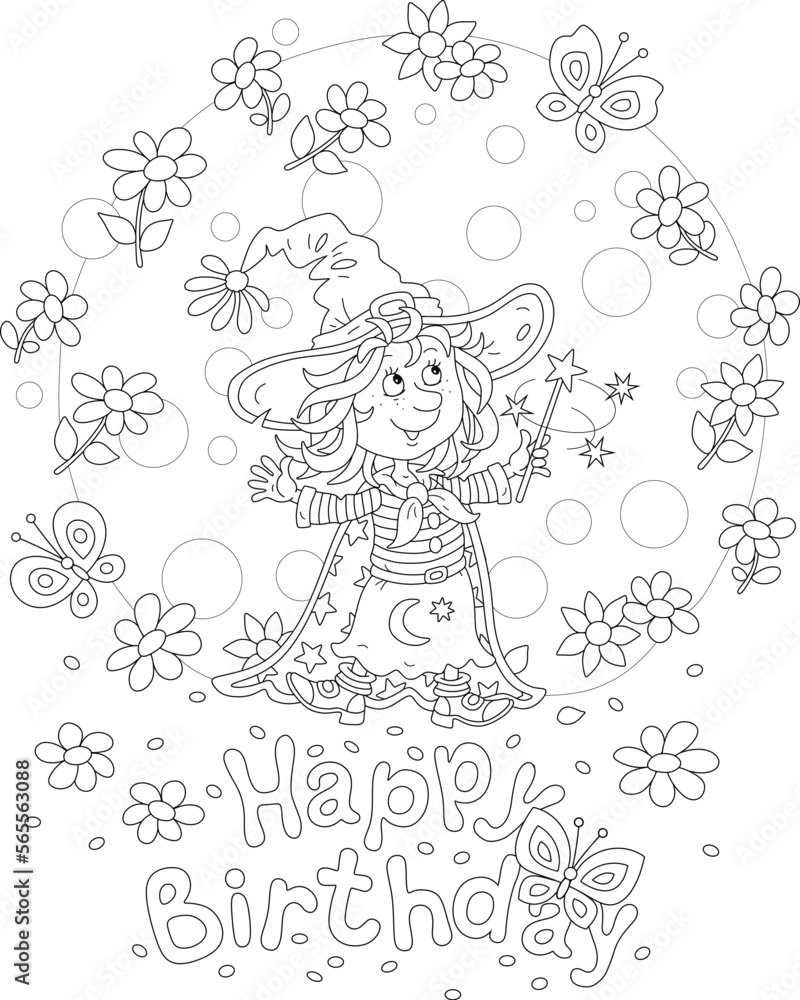 Happy birthday card with a funny little witch waving her magic wand and summer flowers with merry butterflies swirling around, black and white outline vector cartoon illustration Happy birthday card with a funny little witch waving her magic wand and summer flowers with merry butterflies swirling around, black and white outline vector cartoon illustration
