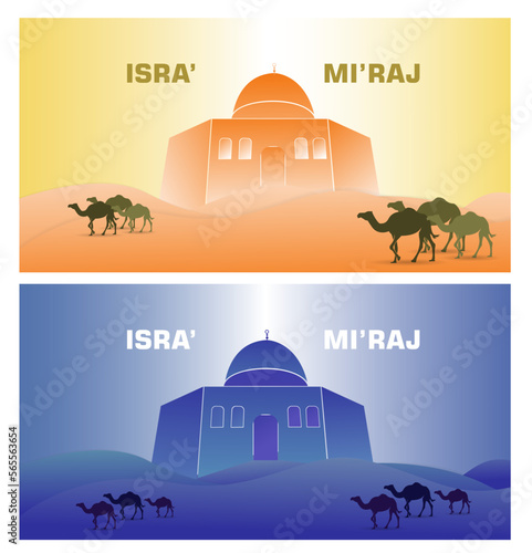 isra mi'raj design template set. with desert, camel and mosque elements, in dark colors, for web or business purposes