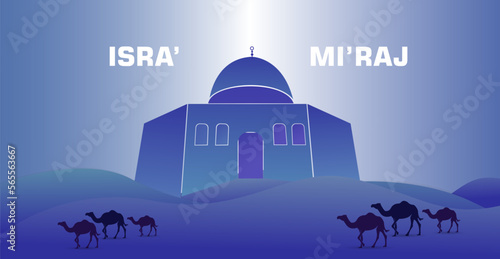 isra mi'raj design template. with desert, camel and mosque elements, in dark colors, for banners or business