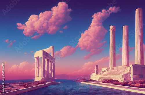 Parthenon construction with cloud sky in retrowave city pop design, vaporwave style colors y2k concept, Generative Ai.