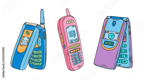 Mobile phone doodle. 2000s cellphones set. Y2k trendy illustration. Cellular phone retro technology. Millennial childhood technology. 90s and 2000s.