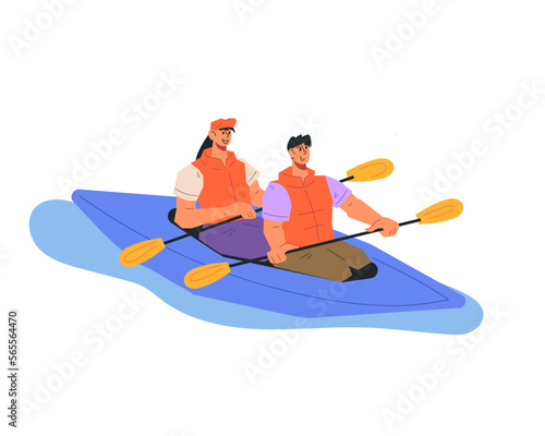 People kayaking. Kayaking and water sport tourism concept, vector illustration isolated on white background. Active vacation in nature.