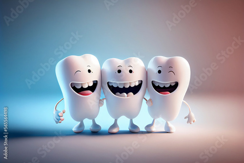 lustiger, glücklicher Comic Zahn in 3d isoliert auf einfarbigen Hintergrund mit Platzhalter - Generative Ai