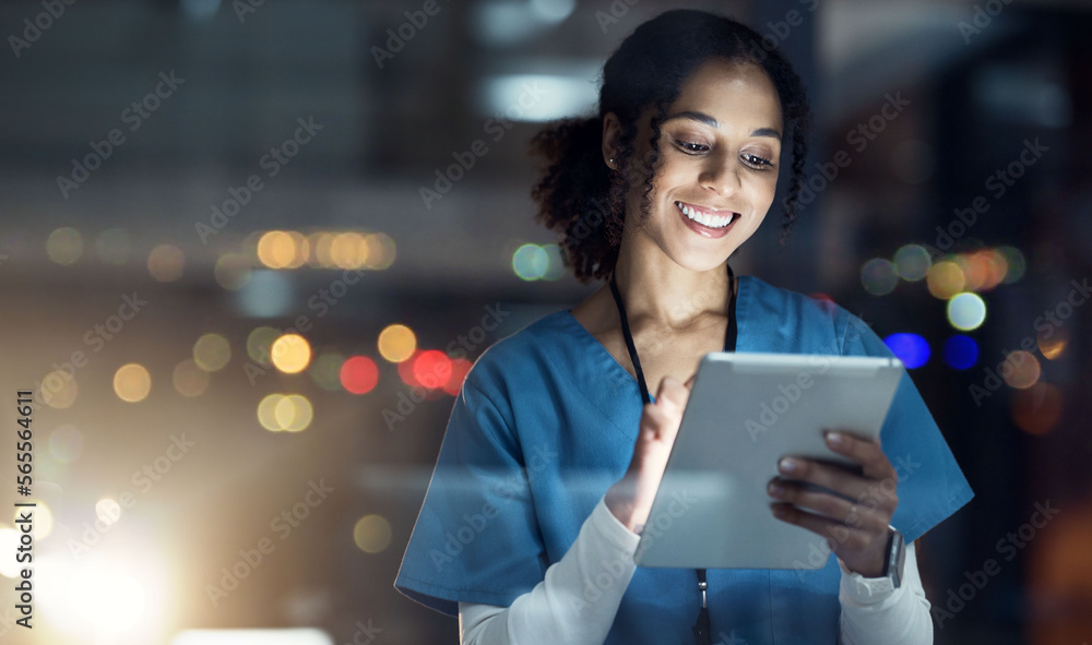Medical, research and night with doctor and tablet for planning, medicine and schedule. Technology, review and digital with black woman reading report for healthcare, science and life insurance news - obrazy, fototapety, plakaty 