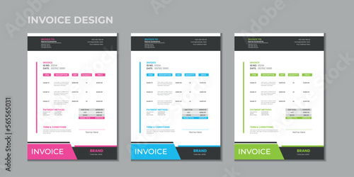 Minimal corporate Business multiple color variation a4 size vector invoice design template