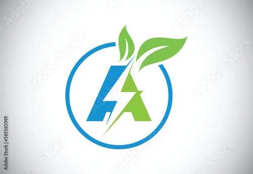 Initial A letter thunderbolt leaf circle or eco energy saver icon. Leaf and thunderbolt icon concept for nature power electric logo