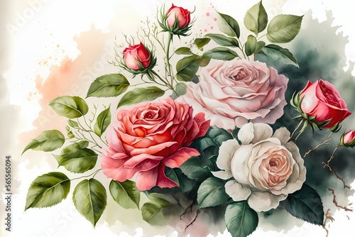 Fototapeta Naklejka Na Ścianę i Meble -  Beautiful Pink, Red and white roses water color style. High Quality illustration. Generative AI