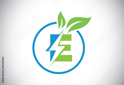 Initial E letter thunderbolt leaf circle or eco energy saver icon. Leaf and thunderbolt icon concept for nature power electric logo