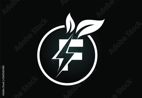 Initial F letter thunderbolt leaf circle or eco energy saver icon. Leaf and thunderbolt icon concept for nature power electric logo