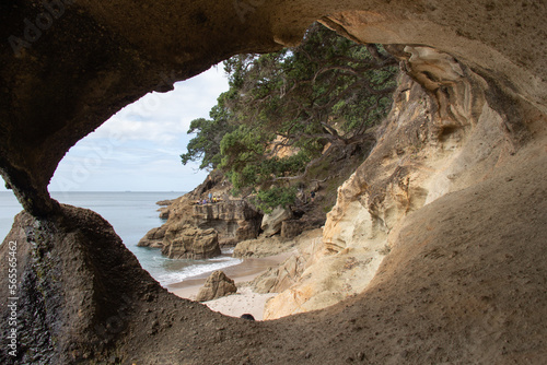 The view from a cave on coastline of Homunga Bay, Waikato region, New Zealand.