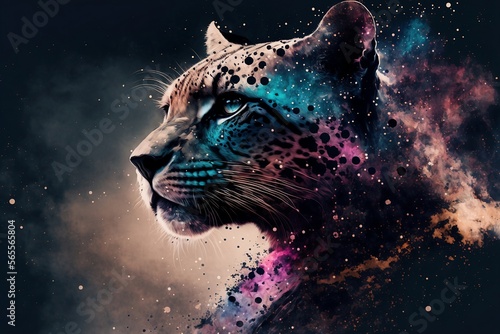 Leopard in watercolor with galaxy starlight milky way Interstellar Abstract AI photo