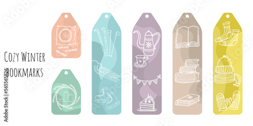 Set of 6 bookmarks with monochrome spots and white decorative hand draw cozy winter elements: reading books, embroidery, tea drinking and outdoor sports activities.Bookmark templates for reading.