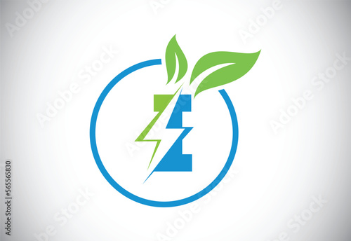 Initial I letter thunderbolt leaf circle or eco energy saver icon. Leaf and thunderbolt icon concept for nature power electric logo