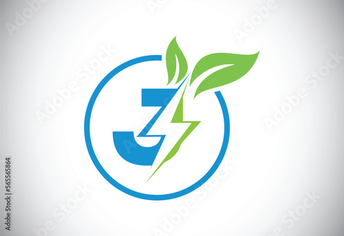 Initial J letter thunderbolt leaf circle or eco energy saver icon. Leaf and thunderbolt icon concept for nature power electric logo