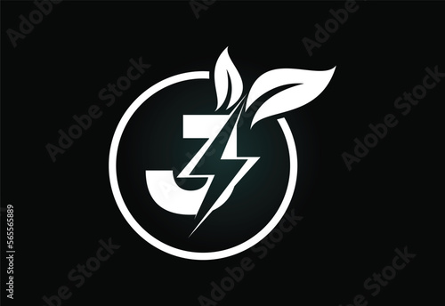 Initial J letter thunderbolt leaf circle or eco energy saver icon. Leaf and thunderbolt icon concept for nature power electric logo