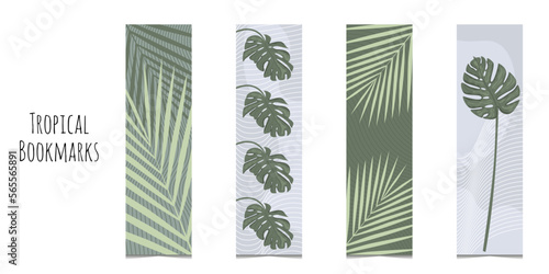 Set of 4 colored bookmarks with palm and monstera leaves, line elements. Flat style illustration with floral elements. Bookmarks isolated on a white background.