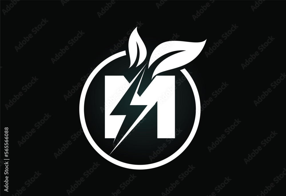 Obraz premium Initial M letter thunderbolt leaf circle or eco energy saver icon. Leaf and thunderbolt icon concept for nature power electric logo