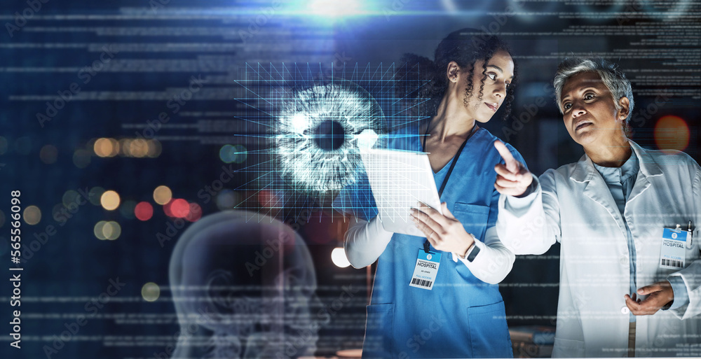 Fototapeta premium Doctors, technology or healthcare of eyes, hologram or futuristic overlay in cancer, glaucoma or wellness analytics. Vision, iris or abstract in future surgery, night hospital or women collaboration