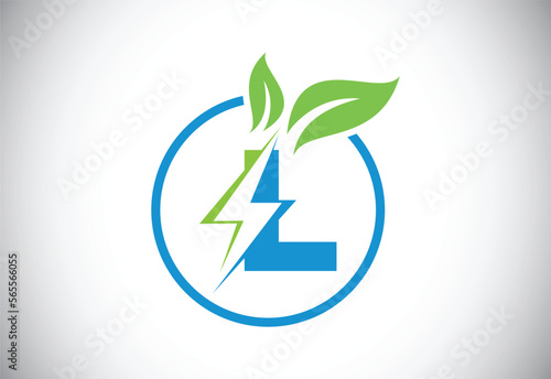 Initial L letter thunderbolt leaf circle or eco energy saver icon. Leaf and thunderbolt icon concept for nature power electric logo