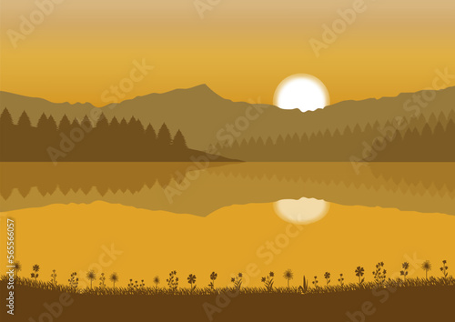 Illustration of a sunset over a lake with mountains and lake in the background