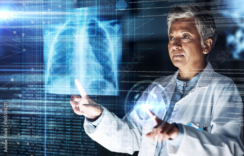 Doctor, hospital or healthcare with lungs hologram in tuberculosis virus, cancer or asthma overlay analytics in night thinking. Futuristic, abstract or breathing organ glow for surgery planning woman