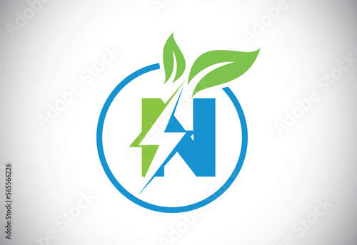 Initial N letter thunderbolt leaf circle or eco energy saver icon. Leaf and thunderbolt icon concept for nature power electric logo