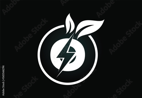 Initial O letter thunderbolt leaf circle or eco energy saver icon. Leaf and thunderbolt icon concept for nature power electric logo