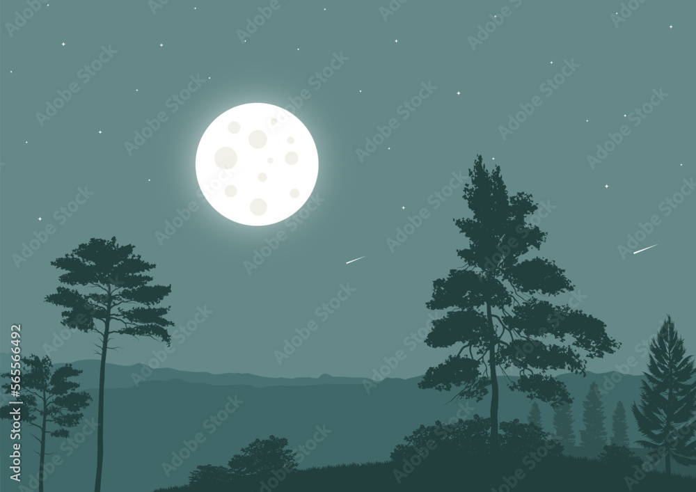 Naklejka premium Night landscape with a full moon and trees. Vector illustration.