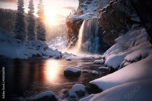 Winter Waterfall Sunrise Nature Background, (created with Generative AI)	