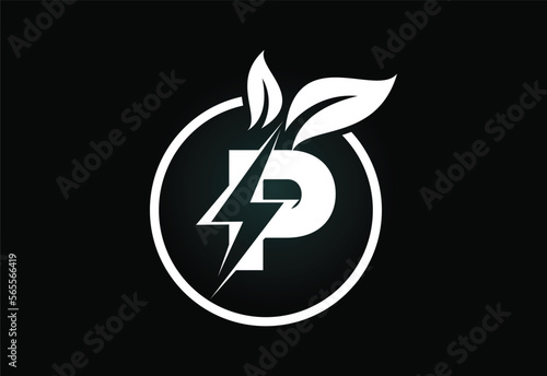 Initial P letter thunderbolt leaf circle or eco energy saver icon. Leaf and thunderbolt icon concept for nature power electric logo