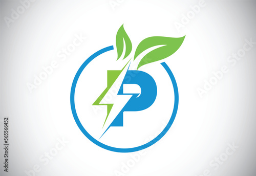 Initial P letter thunderbolt leaf circle or eco energy saver icon. Leaf and thunderbolt icon concept for nature power electric logo