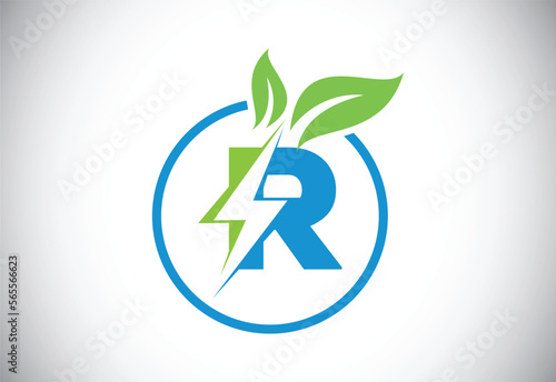 Initial R letter thunderbolt leaf circle or eco energy saver icon. Leaf and thunderbolt icon concept for nature power electric logo