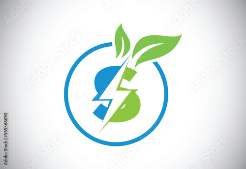 Initial S letter thunderbolt leaf circle or eco energy saver icon. Leaf and thunderbolt icon concept for nature power electric logo