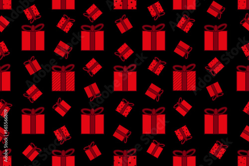 Seamless pattern with red gift boxes on the black  background. Endless backdrop with a gifts. Valentines day wrapping paper. Valentine concept. Wallpaper and fabric print.