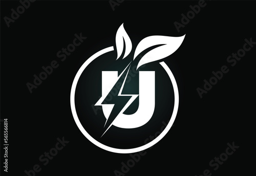 Initial U letter thunderbolt leaf circle or eco energy saver icon. Leaf and thunderbolt icon concept for nature power electric logo
