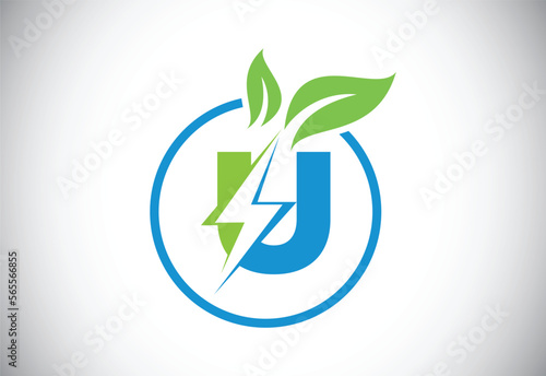 Initial U letter thunderbolt leaf circle or eco energy saver icon. Leaf and thunderbolt icon concept for nature power electric logo