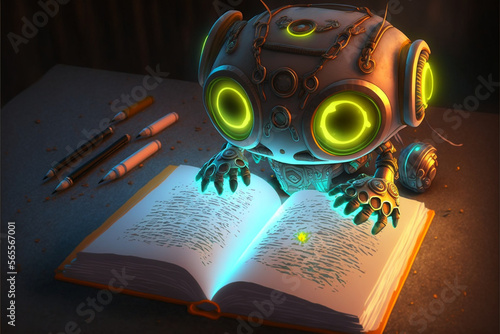 Cute surprised robot child with big eyes, reading a big book excitingly, cartoon style, android kid, anthropomorphic art created by ai