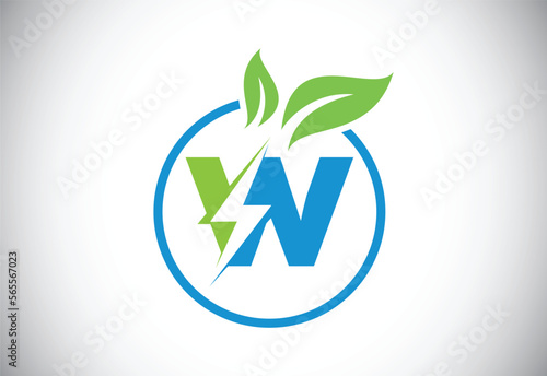 Initial W letter thunderbolt leaf circle or eco energy saver icon. Leaf and thunderbolt icon concept for nature power electric logo
