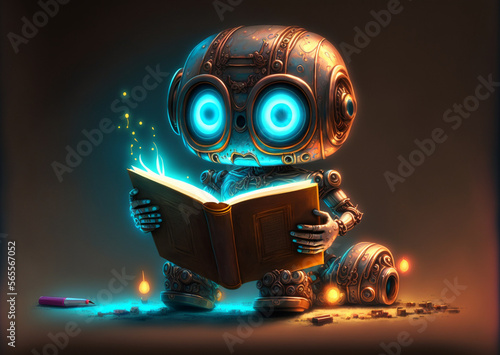 Cute surprised robot child after reading in a book, cartoon style, android kid, anthropomorphic art, Chatgpt, created by ai